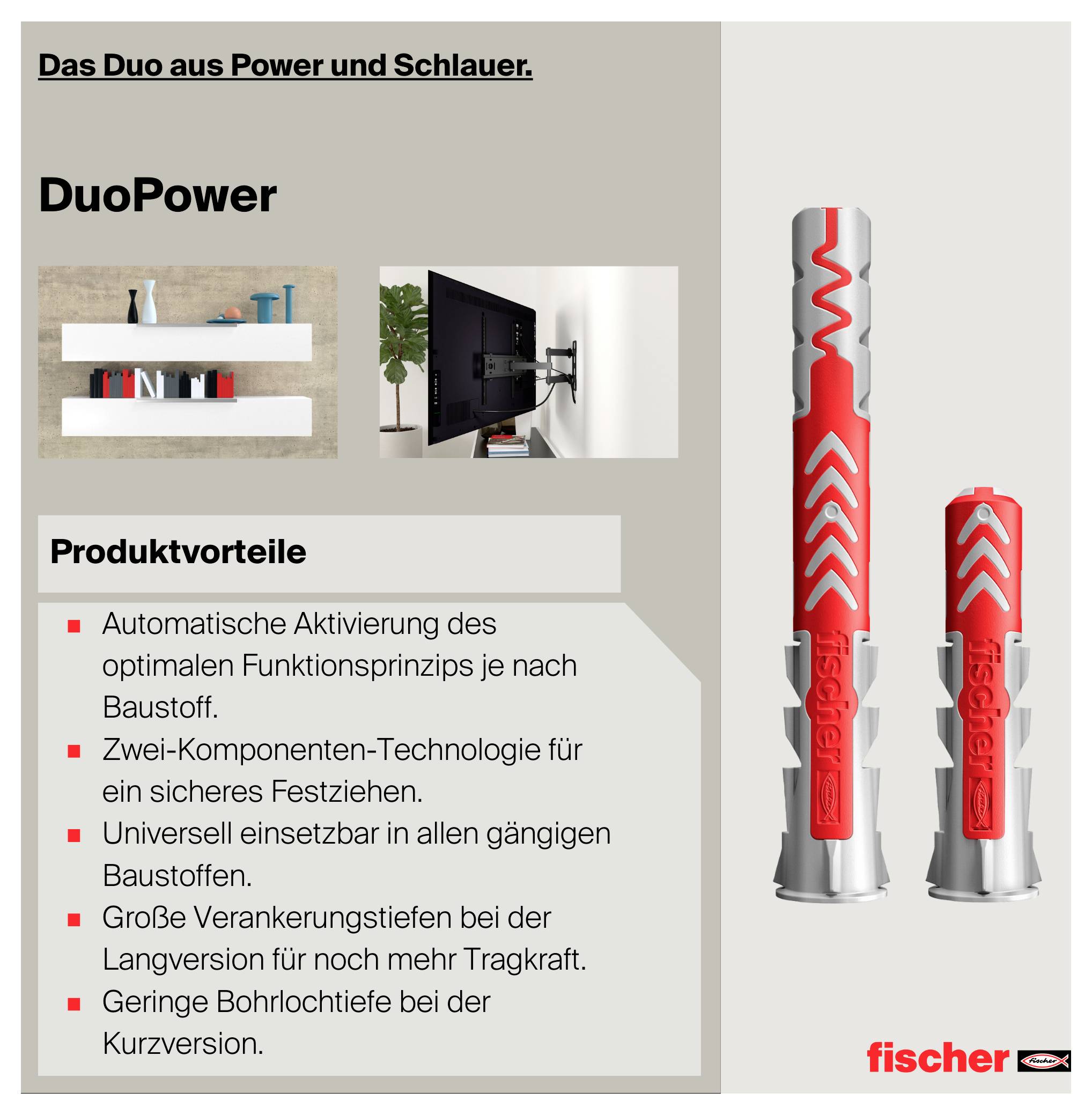 Werbeplakat für 'DuoPower' von fischer mit zwei Dübeln, Produktvorteilen und Einsatz in verschiedenen Baustoffen.