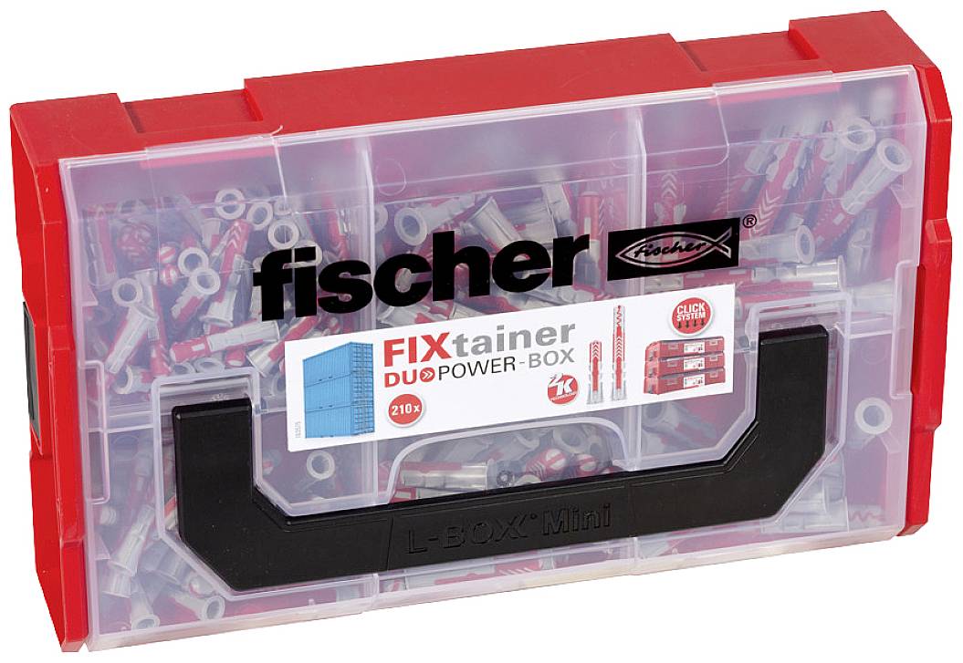 Eine durchsichtige Box mit dem roten Deckel ist gefüllt mit verschiedenen Dübeln. Auf der Box steht 'fischer FIXtainer DUOPOWER-BOX'.