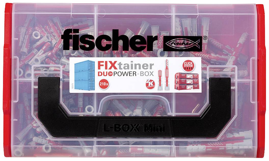 Transparente Kunststoffbox mit roten und grauen Dübeln; Etikett 'fischer FIXtainer DUOPOWER-BOX'. Enthält zwei fischer-Logos.