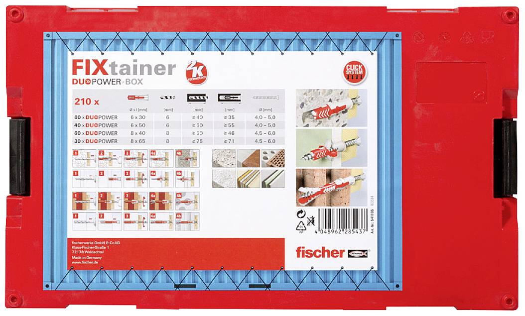 Rote Box 'FIXtainer DUOPOWER' von Fischer mit 210 Dübeln, Illustrationen zur Anwendung und Symbolen zur Materialkompatibilität.