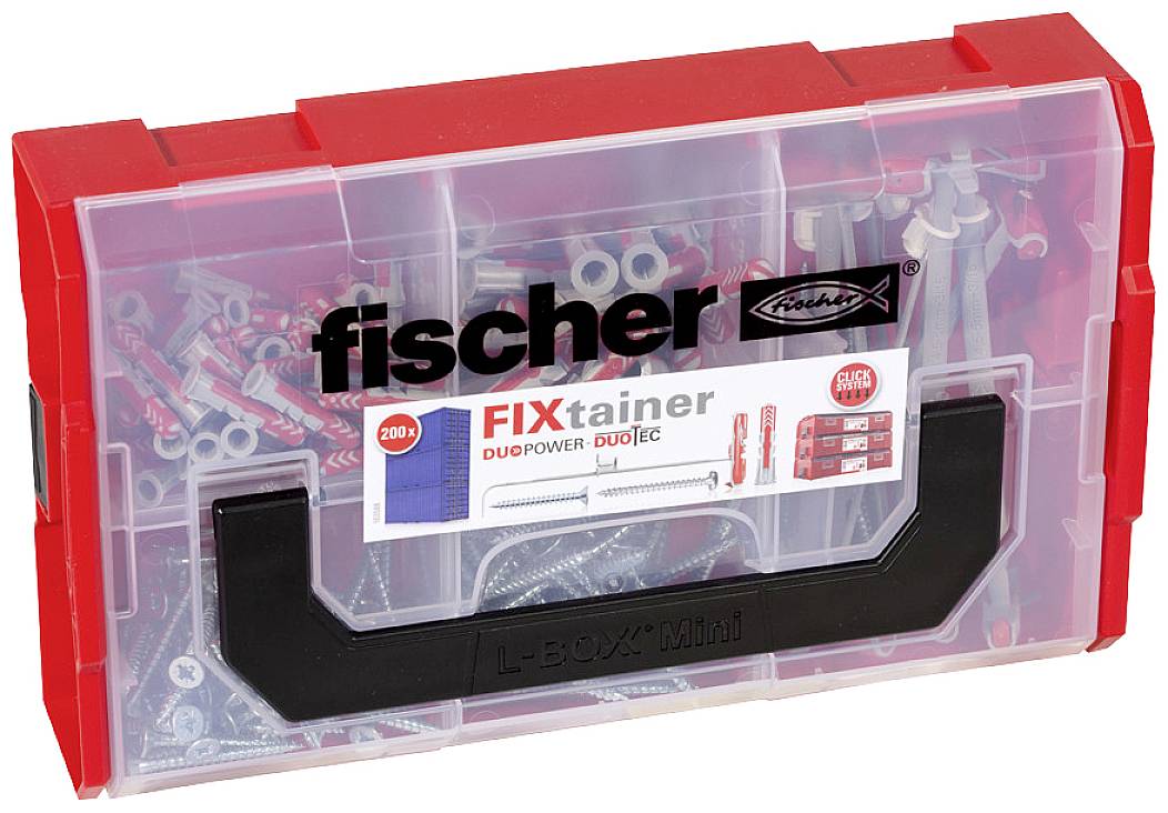 Eine rote Box mit verschiedenen Fischer-Dübeln und Schrauben, darunter 'FIXtainer' und 'DUOPOWER'. Enthält Mix aus Befestigungsmaterial.