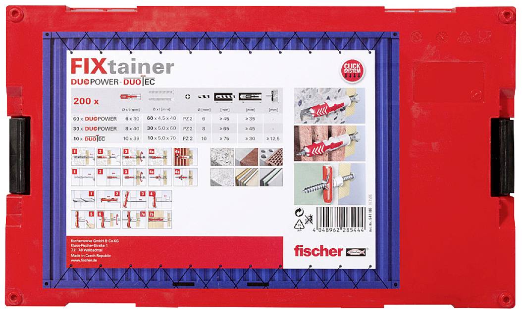 Roter Werkzeugkasten mit Etikett, auf dem 'FIXtainer' steht. Zeigt Bilder und Anleitungen zur Anwendung von Befestigungselementen.