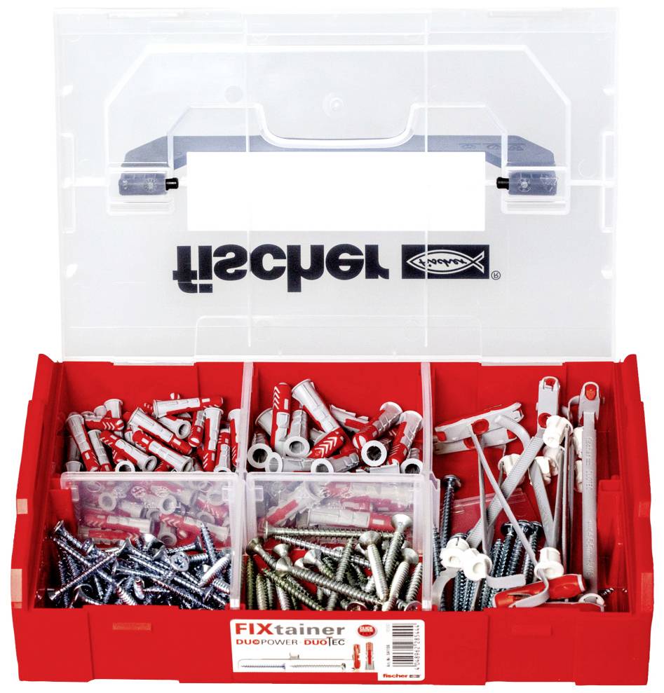 Eine Sortimentsbox mit roten, grauen und metallischen Dübeln und Schrauben, organisiert in separaten Fächern für einfache Entnahme.