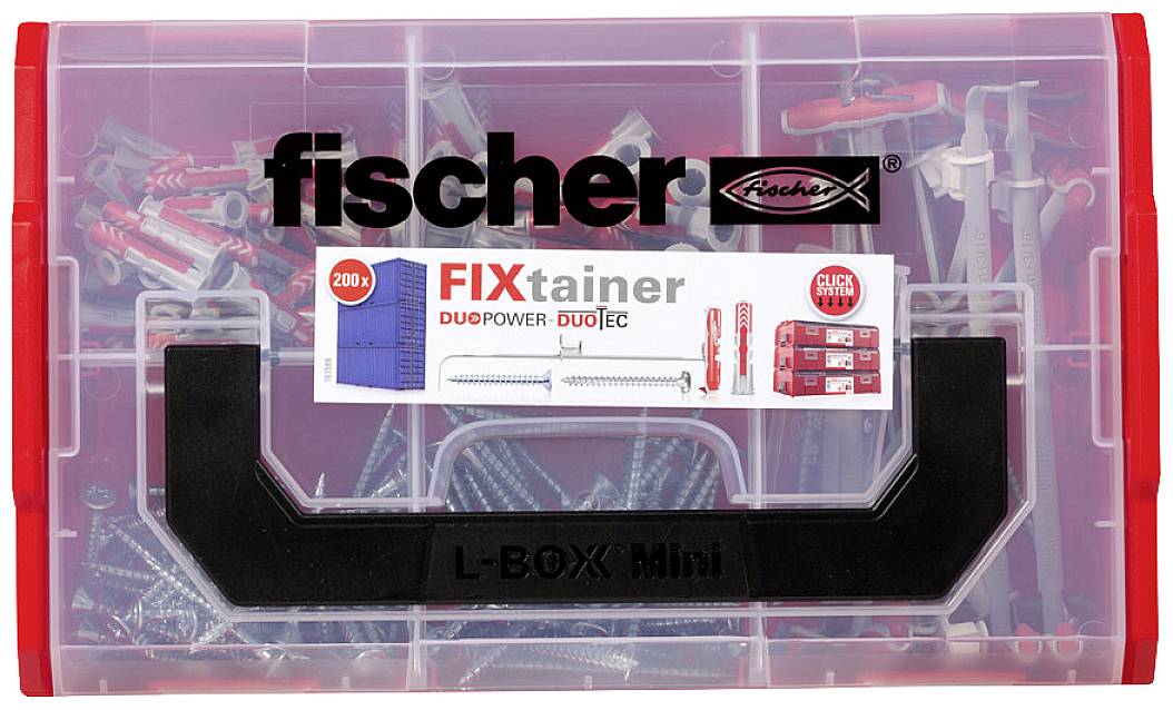 Eine transparente Box mit der Aufschrift 'fischer FIXtainer' enthält Schrauben und Dübel. Sie ist mit einem schwarzen Griff ausgestattet.