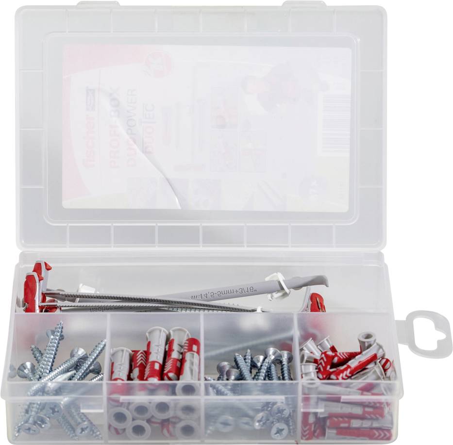 Eine transparente Kunststoffbox mit Fächern, gefüllt mit verschiedenen Schrauben, Dübeln und einem Metallwerkzeug.