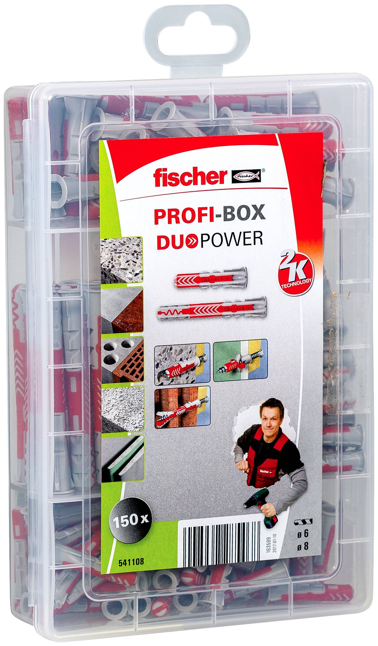 Transparente Kunststoffbox der fischer PROFI-BOX DUOPOWER Sortiment für Wandstecker, gekennzeichnet mit '150x', mit abgebildeten Bohr-/Dübel-Bildern und einem Arbeiter, der einen Bohrer hält.