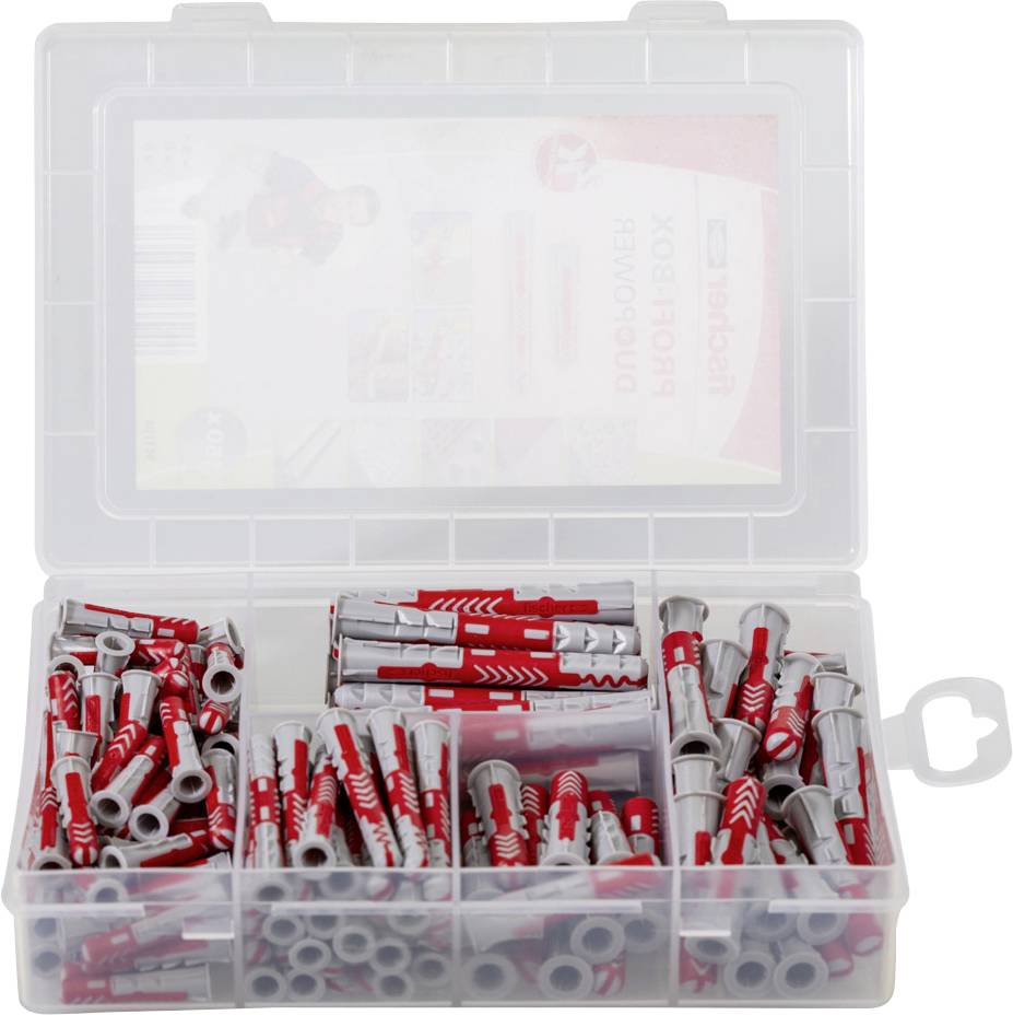 Plastikbox mit roten und grauen Dübeln in verschiedenen Größen, sortiert in Fächern. Box ist durchsichtig mit Verschluss.