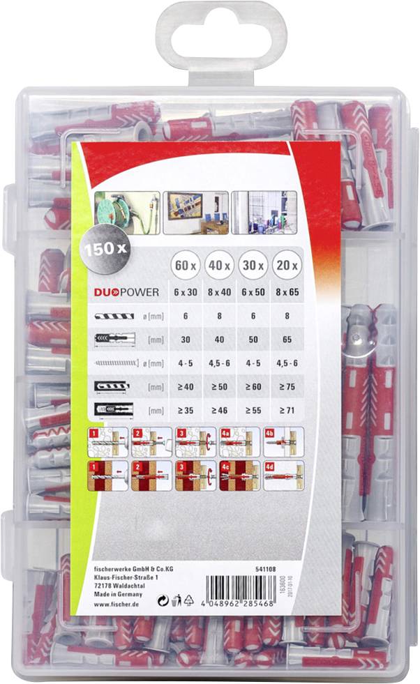 Kunststoffbox mit 150 Dübeln verschiedener Größen, geeignet für 60 leichtere, 40 mittlere, 30 größere Belastungen. Markenname sichtbar.