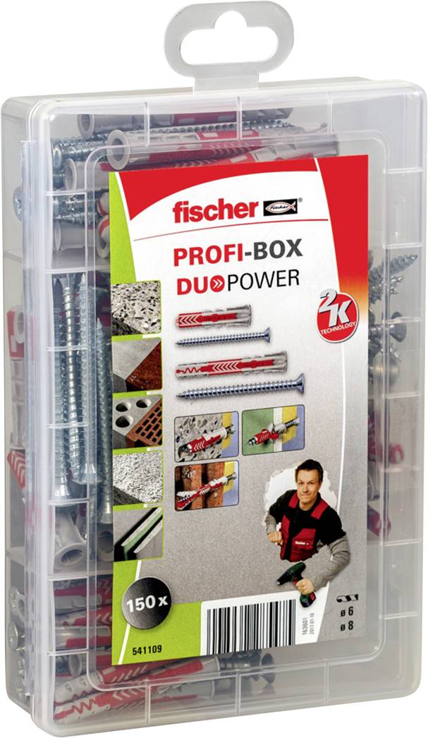 Durchsichtige Kunststoffbox mit Fischer 'Profi-Box Duopower' Dübeln und Schrauben, geeignet für verschiedene Materialien.
