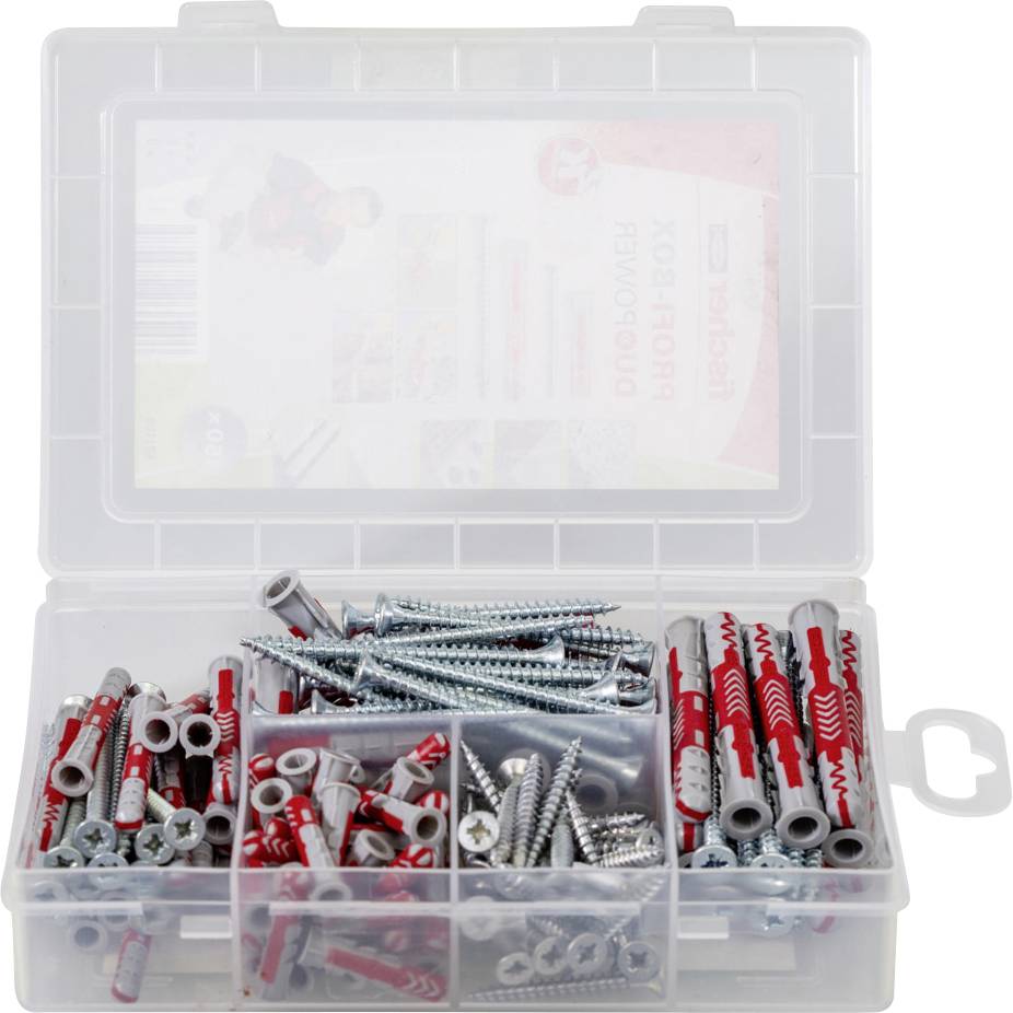 Eine Plastikbox mit verschiedenen Dübeln, Schrauben und Muttern in mehreren Fächern.