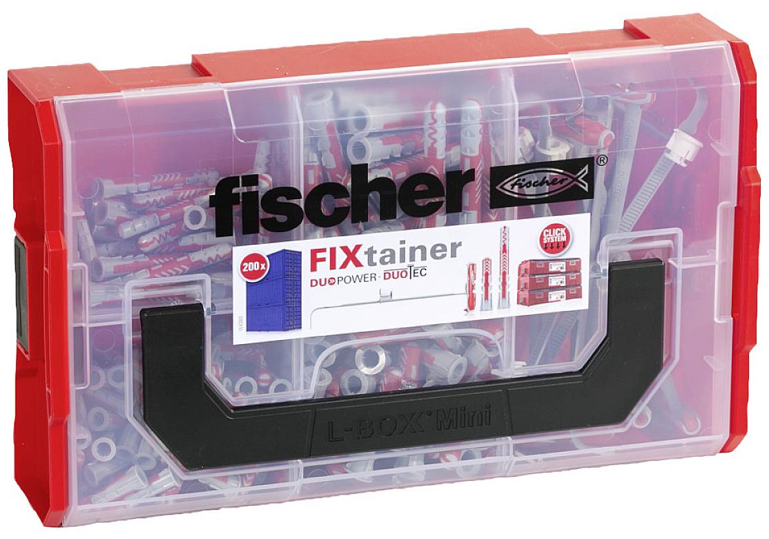 Plastikbox mit fischer-Schriftzug, enthält verschiedene Dübel. Roter Deckel, transparente Vorderseite, schwarzer Griff.
