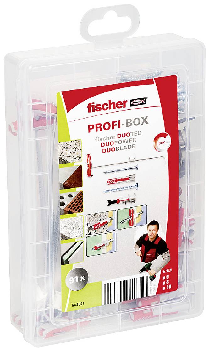 Ein Kunststoffbehälter mit Sortiment von fischer Dübeln und Schrauben. Aufkleber zeigt 'PROFI-BOX' und Beispiele für Anwendungen.