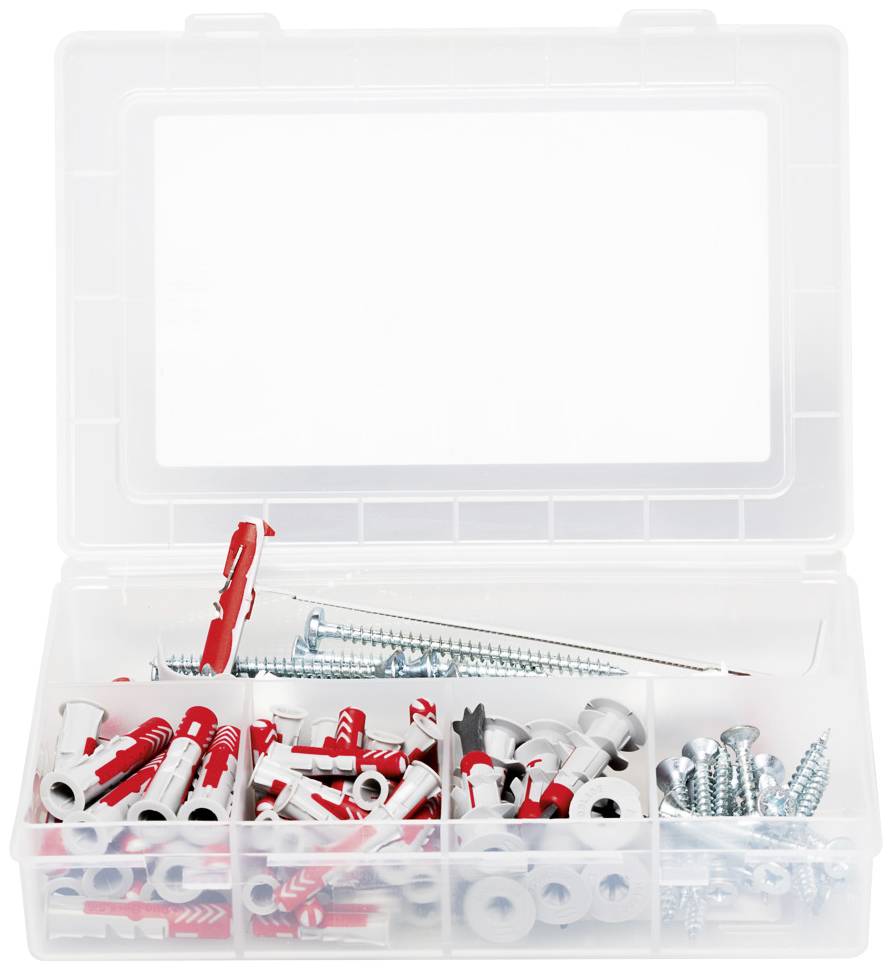 Ein geöffneter Kunststoffkasten mit verschiedenen Schrauben und Dübeln in Fächern organisiert, bereit für Heimwerkerarbeiten.