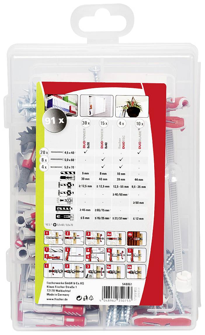 Verpackung mit 91-teiligem Befestigungsset, darunter Schrauben und Dübel. Rückseitige Tabelle zeigt Anwendungshinweise und Größen.