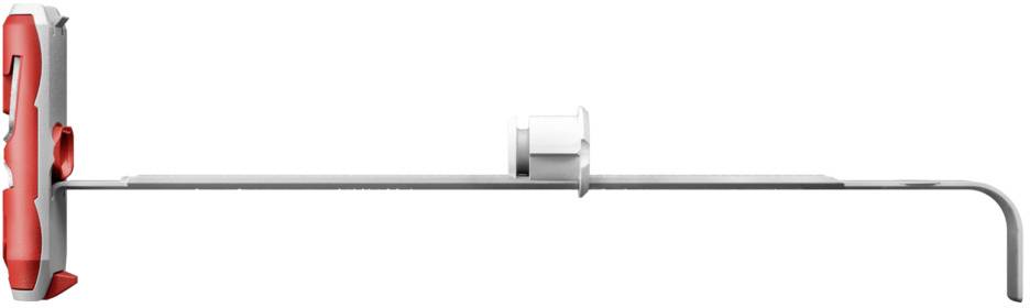 Werkzeug mit rotem Griff und langem Metallstab, das möglicherweise für technische oder handwerkliche Arbeiten verwendet wird.
