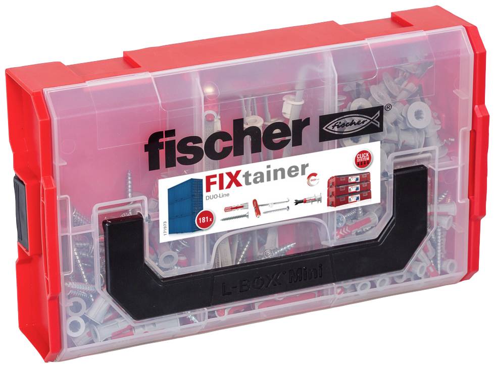 Roter Werkzeugkasten mit dem Aufdruck 'fischer FIXtainer'. Enthält eine Auswahl an Schrauben und Dübeln, organisiert in verschiedenen Fächern.