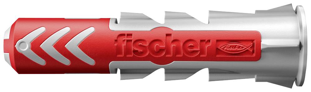 Ein roter Dübel von Fischer mit Markennamen und Logo, verwendet für sichere Befestigungen in verschiedenen Baustoffen.