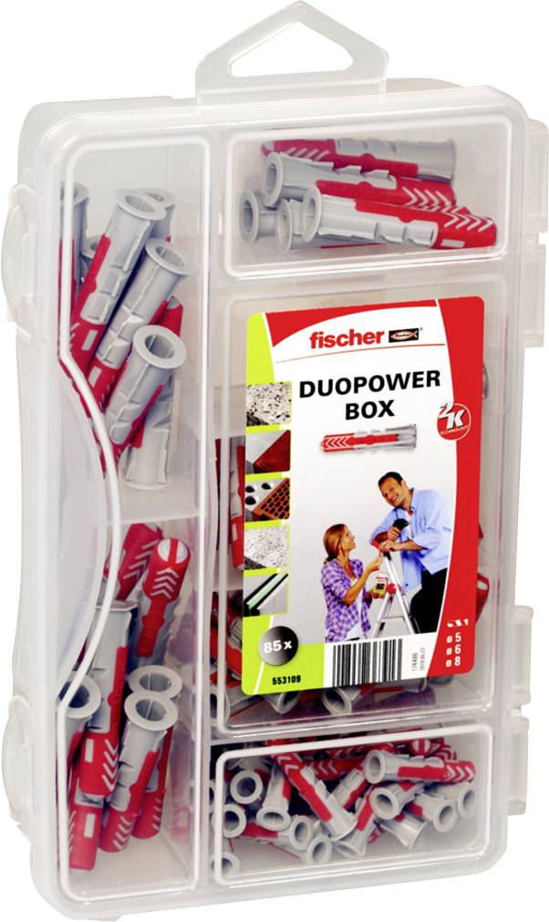 Eine Kunststoffbox mit Fischer 'DUOPOWER' Dübeln in Rot und Grau, ideal für verschiedene Anwendungen. Enthält Illustrationen zur Nutzung.