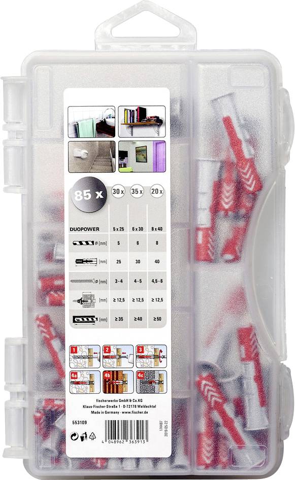 Transparente Kunststoffbox mit roten und grauen Dübeln in verschiedenen Größen. Etikett zeigt Anwendungshinweise und empfohlene Belastungen.