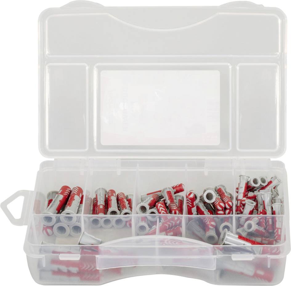 Eine transparente Plastikbox mit mehreren Fächern, die rote und graue Dübel in verschiedenen Größen enthält.