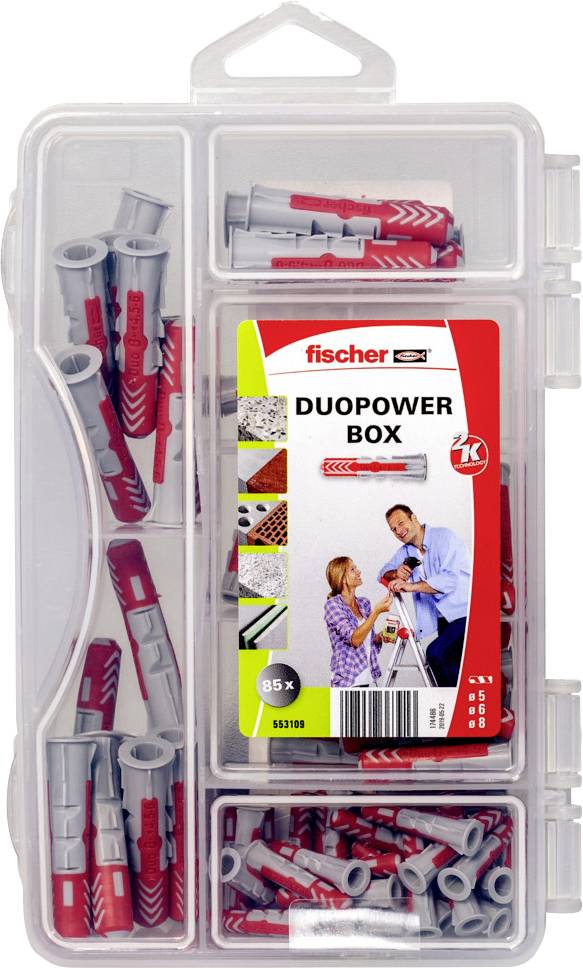 Kunststoffbox mit verschiedenen roten und grauen Fischerdübeln. Aufkleber mit 'DUOPOWER BOX' zeigt Anwendungsbeispiele.