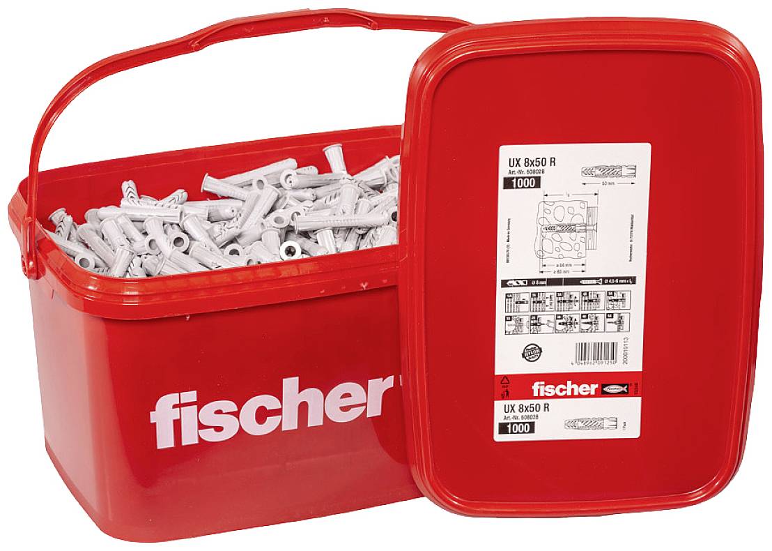 Roter Behälter mit der Aufschrift 'fischer', gefüllt mit grauen Dübeln. Etikett zeigt Produktinformationen für UX 6x50 R, Menge: 1000 Stück.
