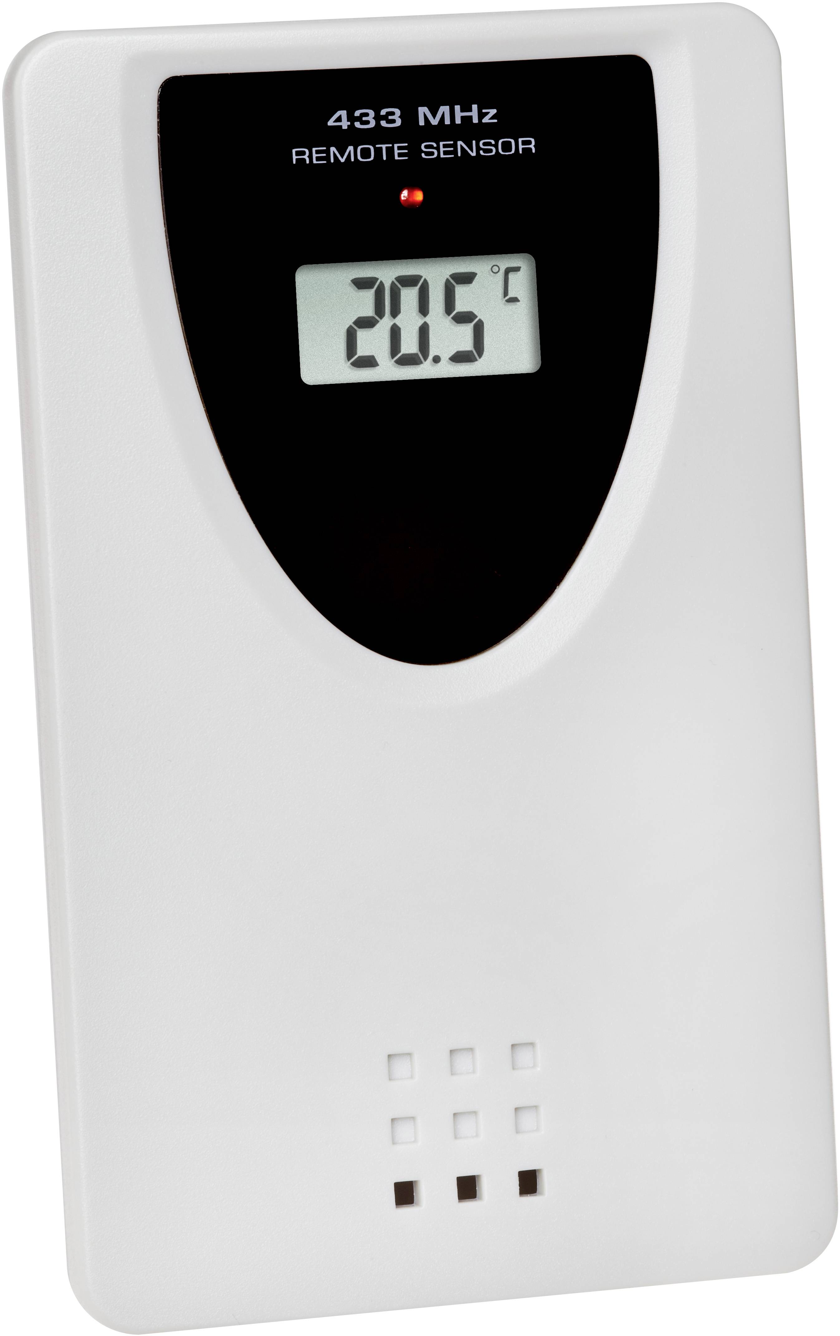 Ein weißer Remote-Sensor mit einem kleinen digitalen Display zeigt '20,5 °C'. Oben steht '433 MHz REMOTE SENSOR'.