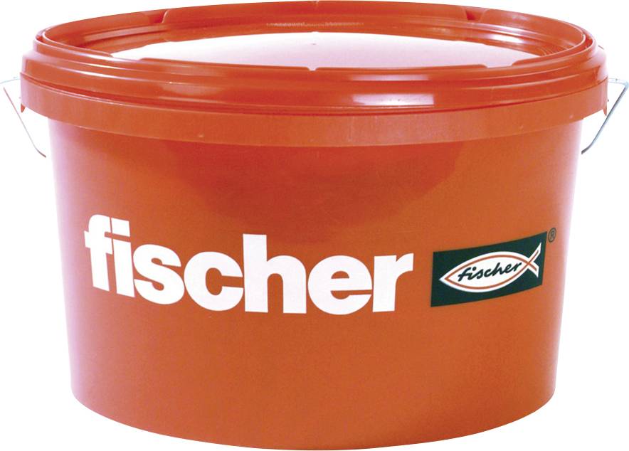 Ein roter Kunststoffbehälter mit einem Henkel, auf dem das Wort 'fischer' in Weiß und ein Markenlogo mit einem Fisch zu sehen sind.