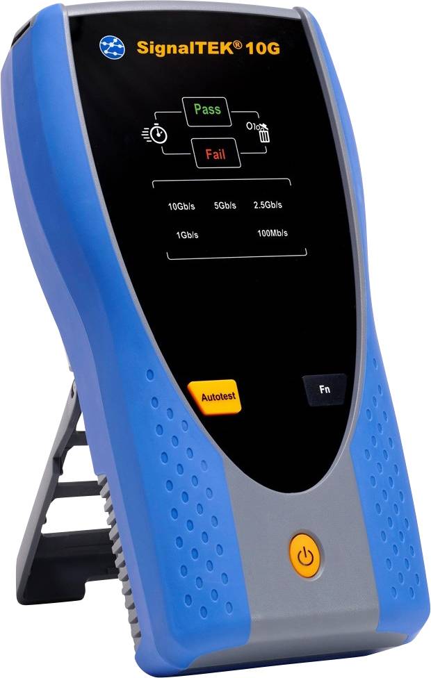 Handgerät mit Display zeigt 'Pass' und 'Fail' LED-Anzeigen, Geschwindigkeitsoptionen von 1Gb/s bis 10Gb/s, große orangefarbene Taste.