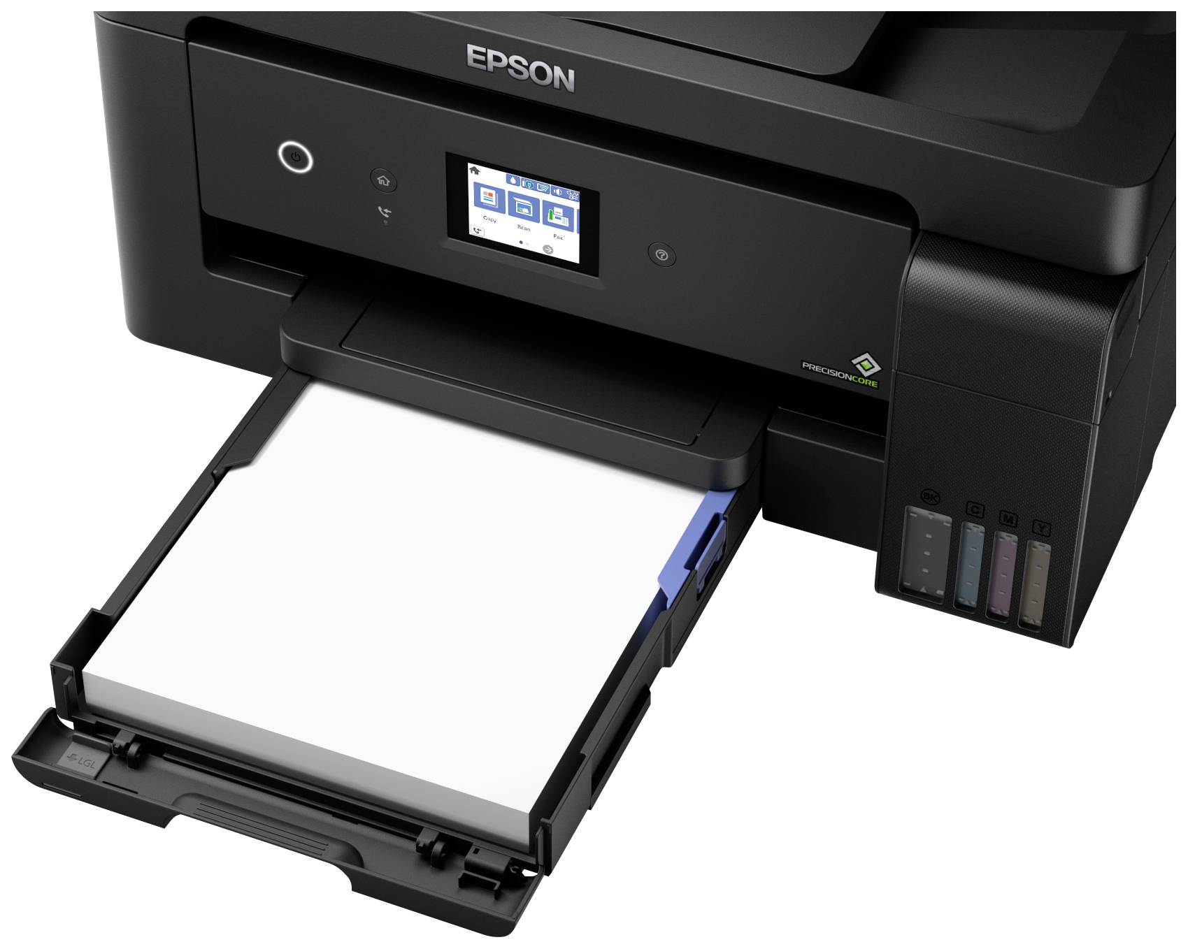 Ein schwarzer Drucker mit offenem Papierschacht und sichtbarem Tintenstand. Das Display zeigt Druckereinstellungen.