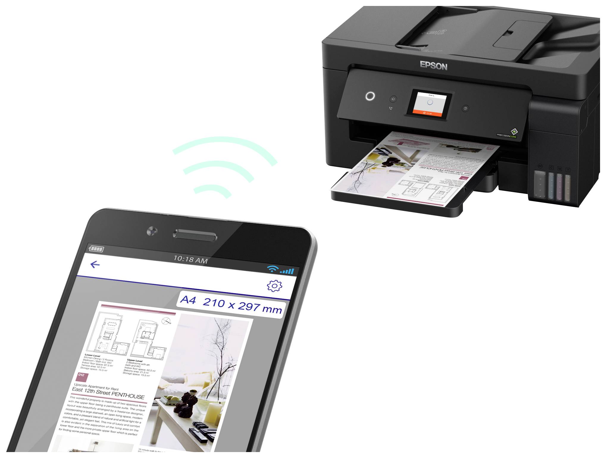 Ein Smartphone sendet ein Druckauftrag an einen Drucker über WLAN. Auf dem Drucker liegt ein A4-Papier mit gedrucktem Text und Bildern.