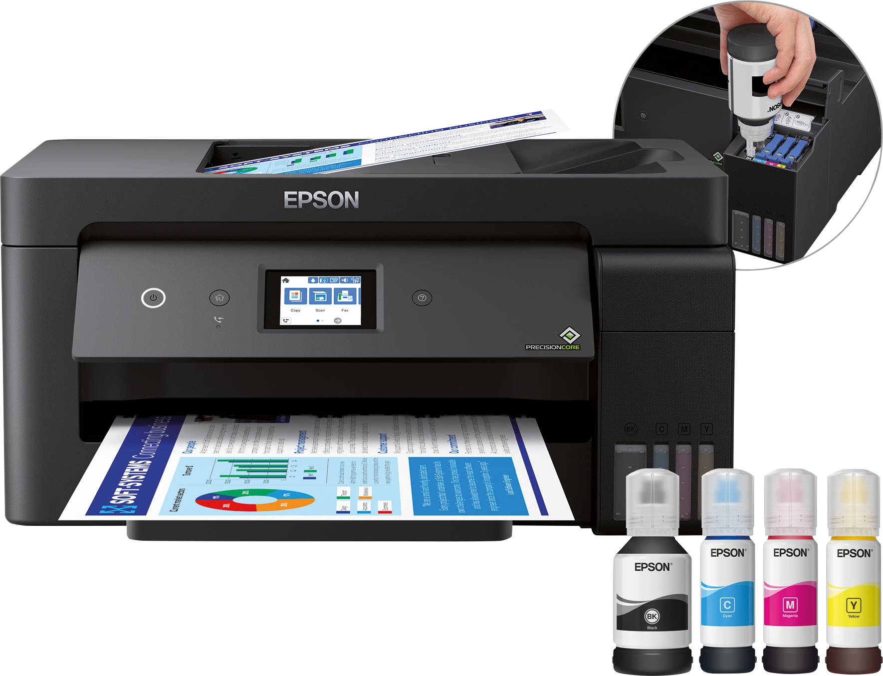 Ein schwarzer Epson-Drucker druckt ein Dokument. Unten sind Tintenflaschen in Schwarz, Cyan, Magenta und Gelb abgebildet.