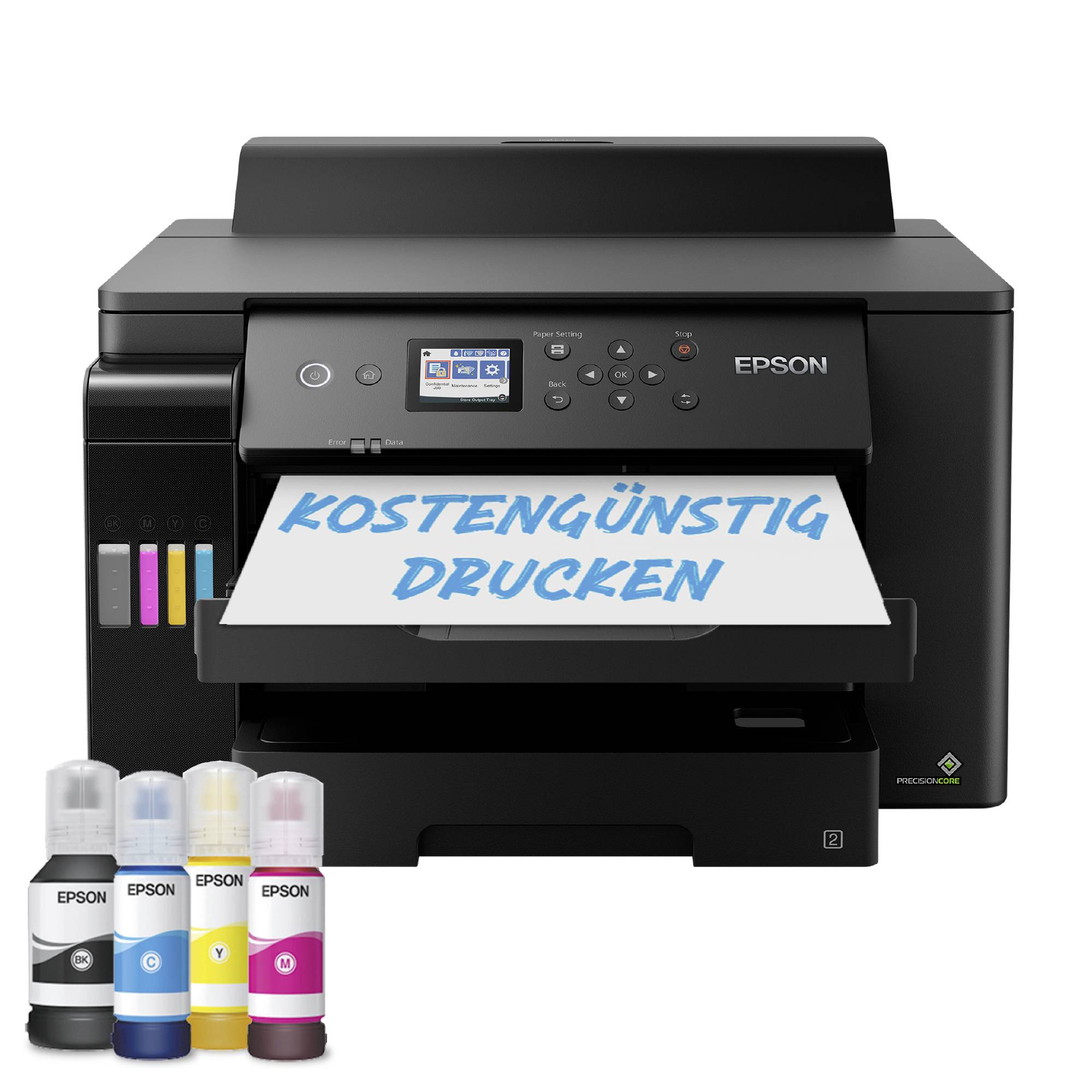 Epson-Drucker mit vier Tintenflaschen davor. Auf einem Blatt steht 'Kostengünstig drucken'.
