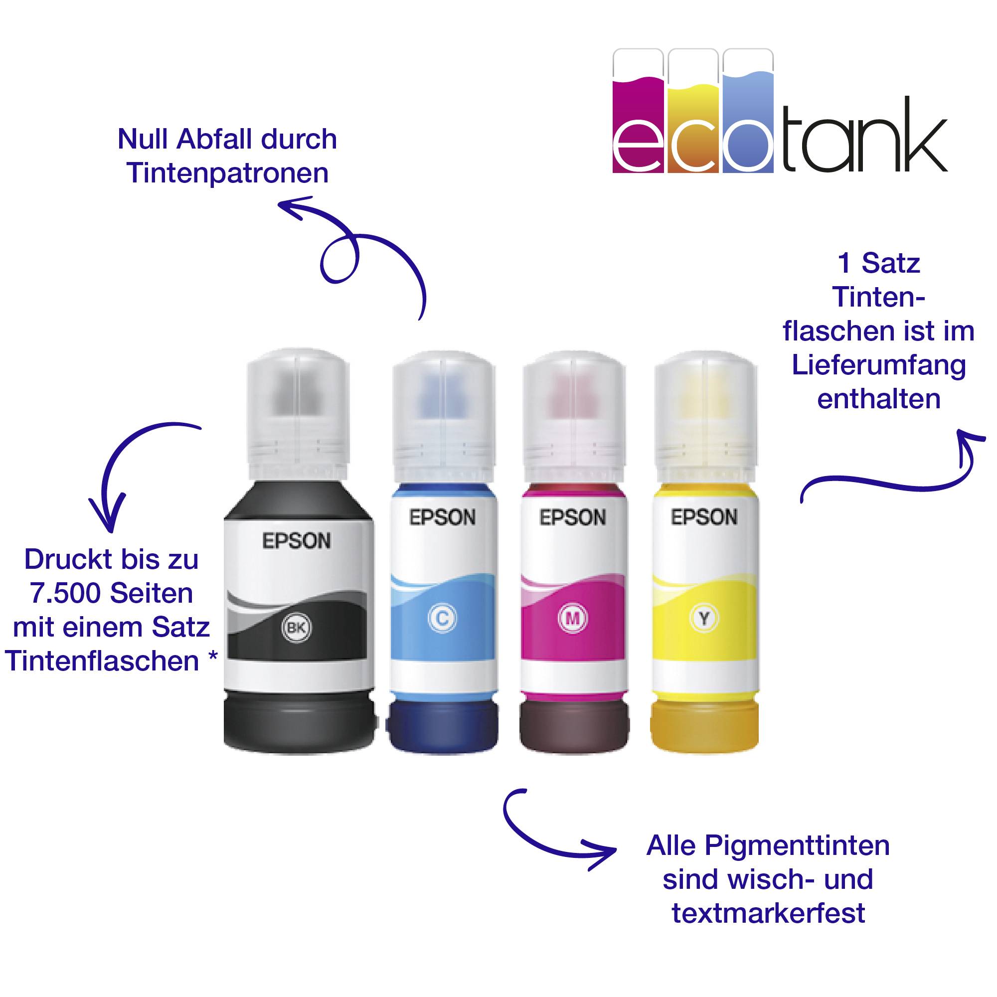 Farbige Tintenflaschen von Epson mit Texten: 'Null Abfall durch Tintenpatronen', 'Druckt bis zu 7.500 Seiten', 'Alle Pigmenttinten sind wisch- und textmarkerfest'.