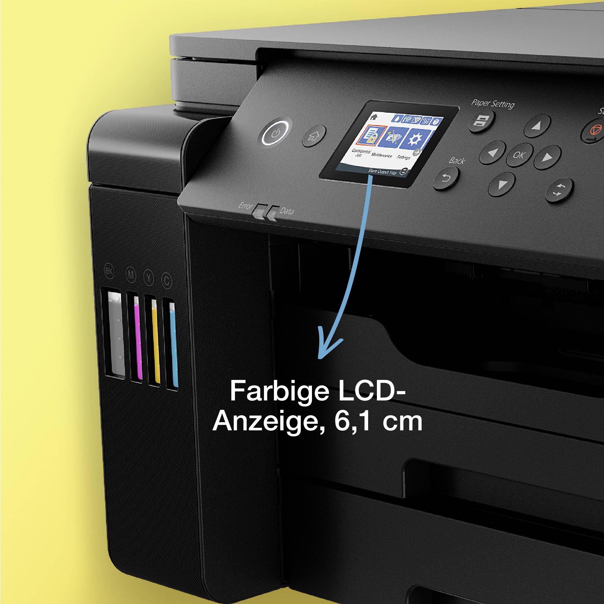Drucker mit farbigem LCD-Bildschirm, 6,1 cm, und sichtbaren Tintenpatronen an der Seite für Cyan, Magenta, Gelb und Schwarz.