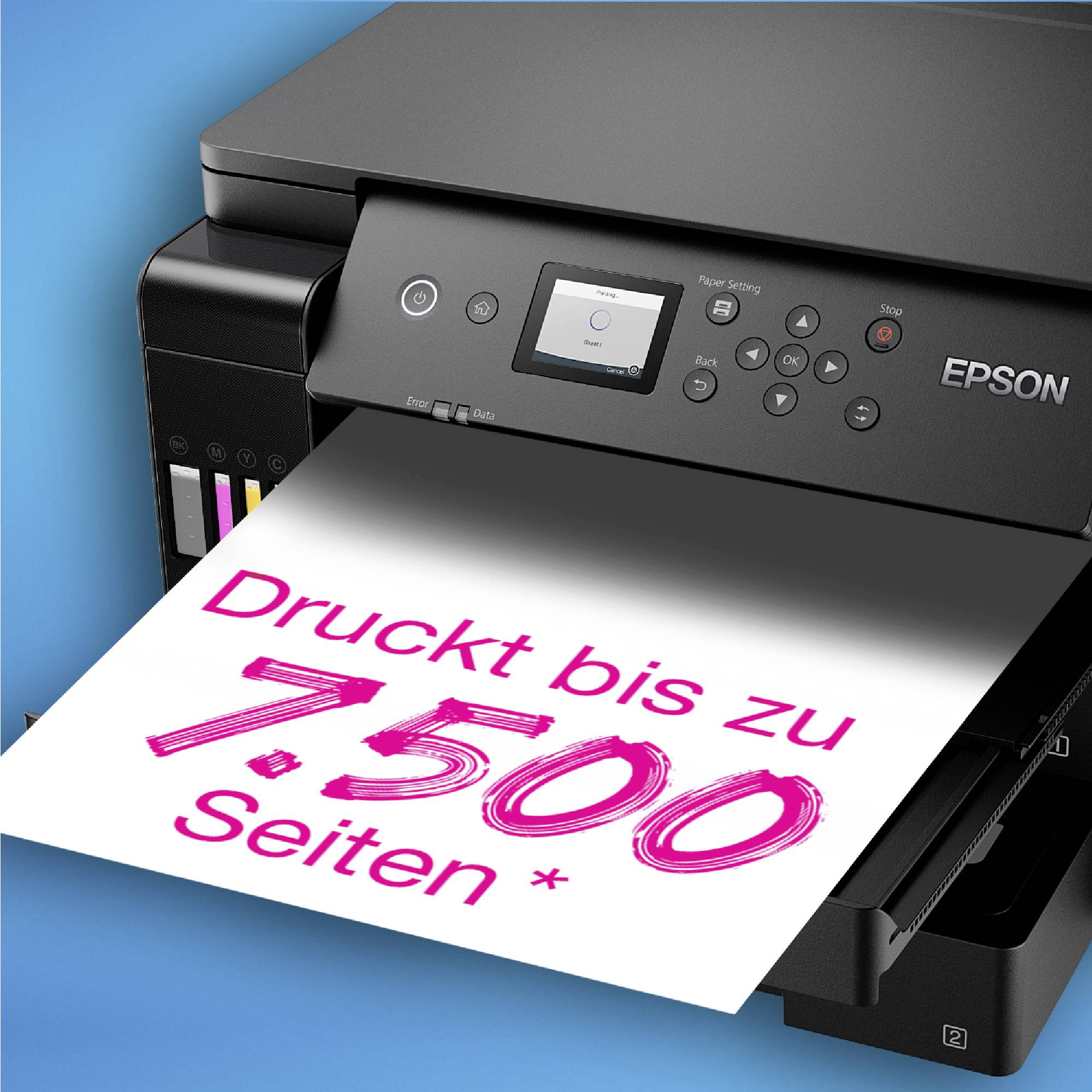 Ein Drucker mit einem Blatt Papier, auf dem steht: 'Druckt bis zu 7.500 Seiten*'.