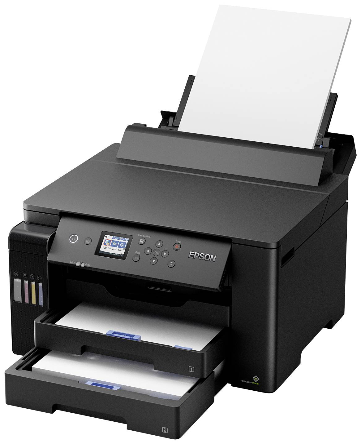 Ein schwarzer Drucker mit zwei Papierfächern, einem Bedienfeld mit Display und Tasten, ist bereit, Papier aus einem Stapel zu drucken.