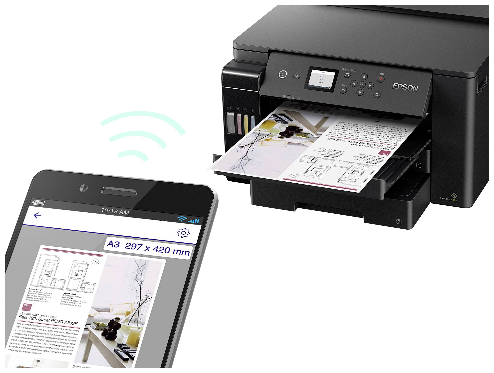 Ein Smartphone sendet ein Drucksignal an einen Drucker, der ein Dokument im Format A3 (297 x 420 mm) druckt.
