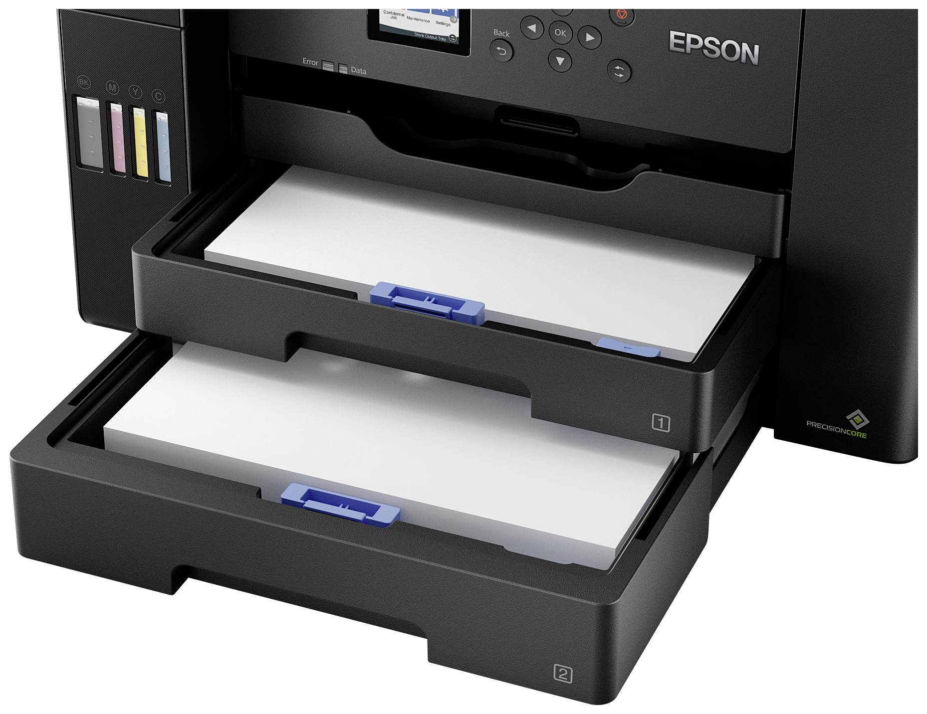 Ein Drucker mit zwei geöffneten Papierfächern. Das obere Fach ist fast leer, das untere Fach ist mit Papier gefüllt. Marke: Epson.