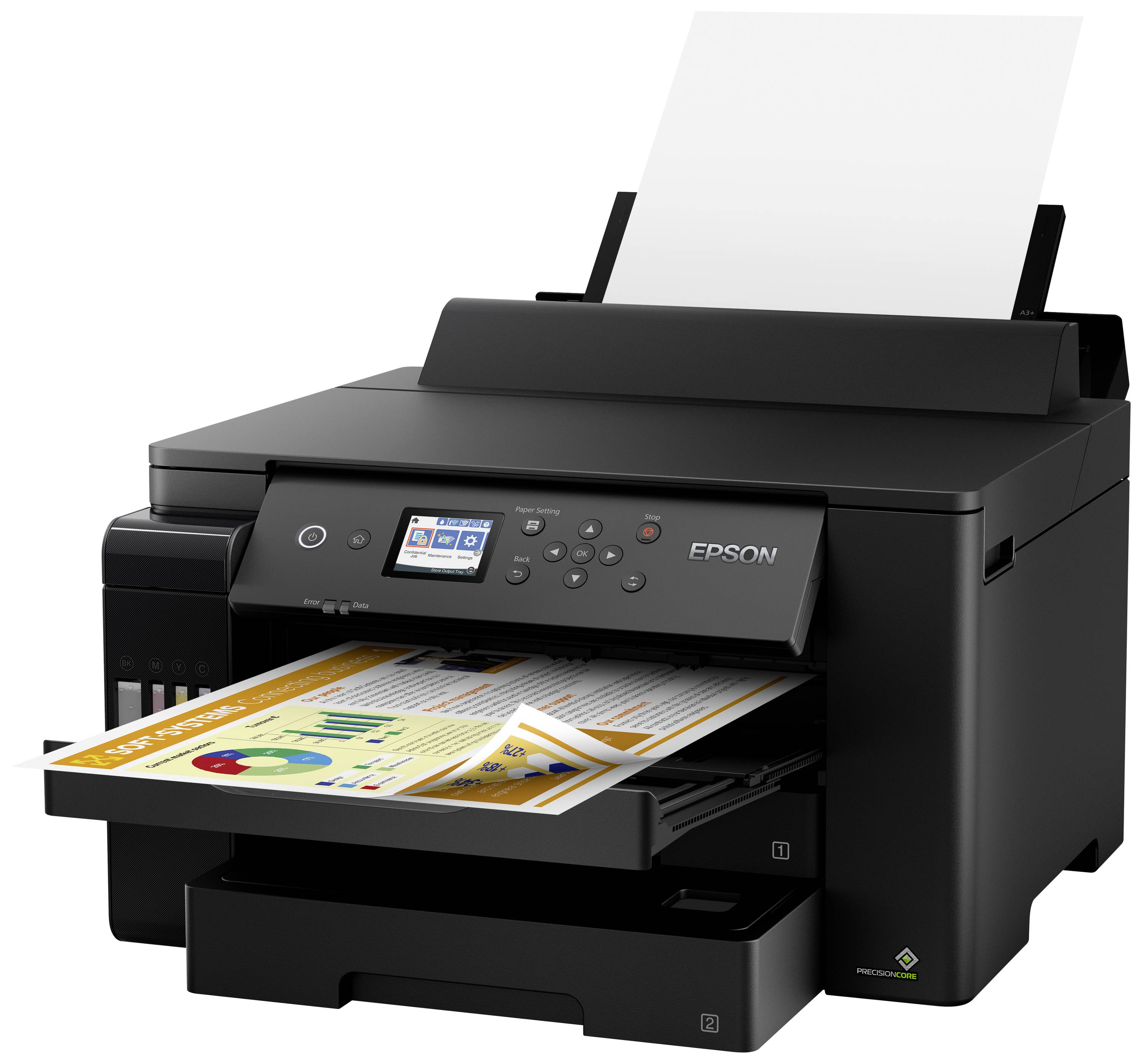 Schwarzer Multifunktionsdrucker mit Bedienfeld, druckt farbiges Dokument mit Grafiken und Diagrammen auf A4-Papier.