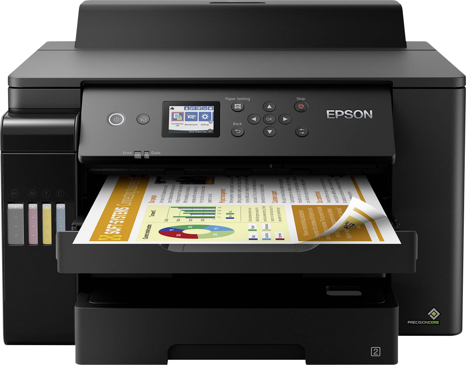 Ein Drucker gibt ein farbiges Diagrammdokument aus. Das Diagramm zeigt Balken und Kreise, die wohl statistische Daten darstellen.