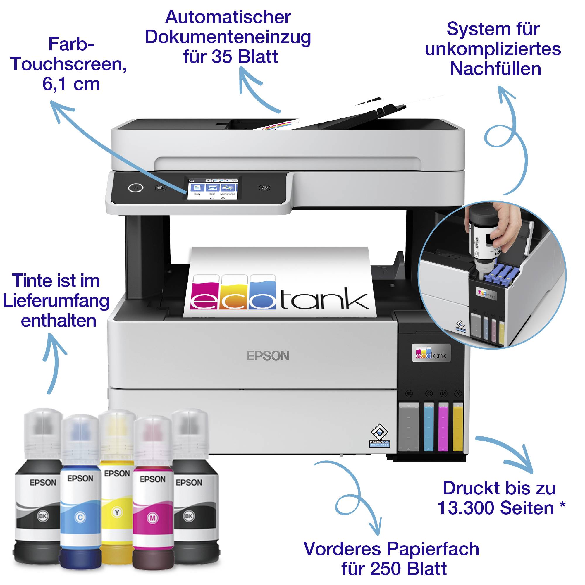 Epson EcoTank ET-5150 Multifunktionsdrucker Tintenstrahl Farbe A4, A4, A6 Drucker, Scanner, Kopierer WLAN