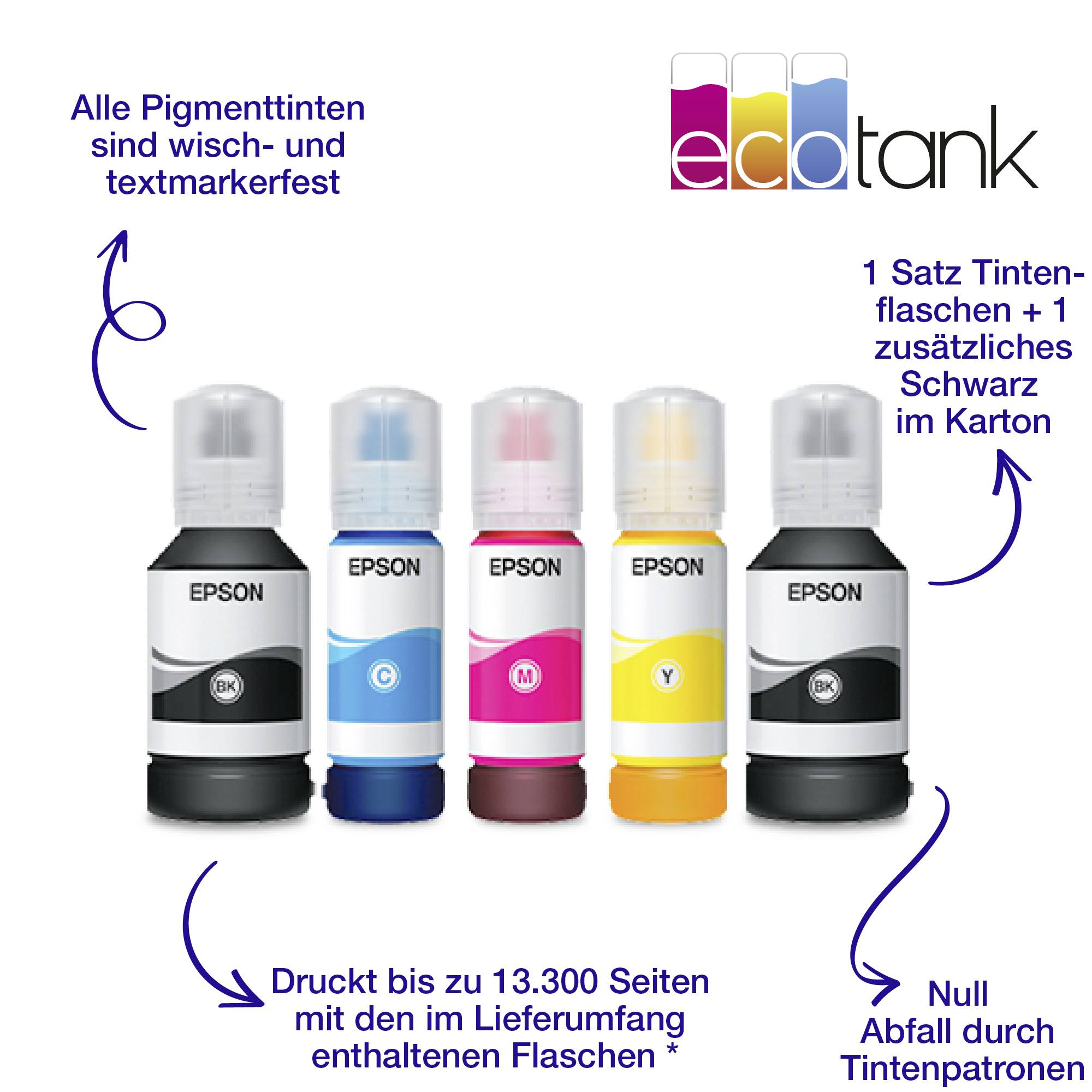 Fünf Tintenflaschen, jede in einer anderen Farbe (Schwarz, Cyan, Magenta, Gelb), mit Text 'Druckt bis zu 13.300 Seiten'.