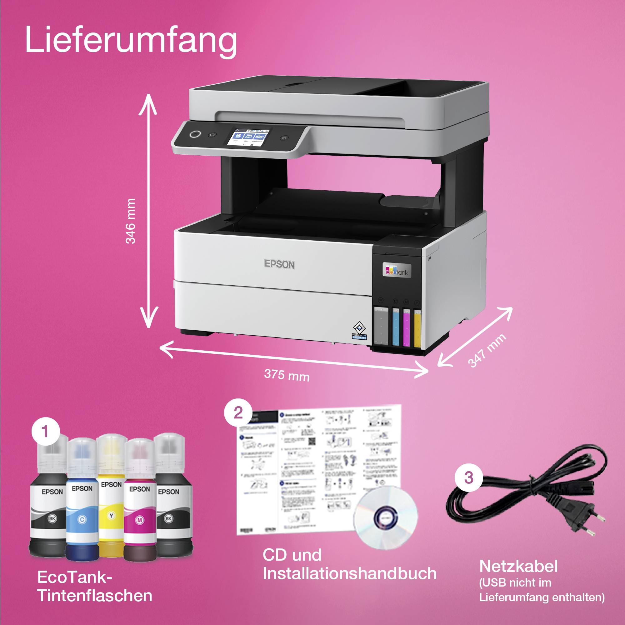 Multifunktionsdrucker Epson mit Zubehör. Lieferung umfasst: Drucker, EcoTank-Tinten, CD mit Installationshandbuch und Netzkabel. Maße: 346 x 375 x 347 mm.