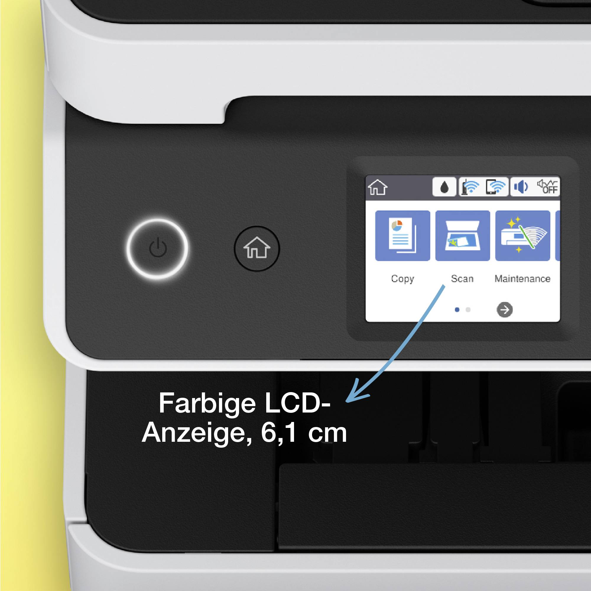 Ein Drucker mit einem farbigen 6,1 cm LCD-Display, das Optionen wie Kopieren, Scannen und Wartung anzeigt.
