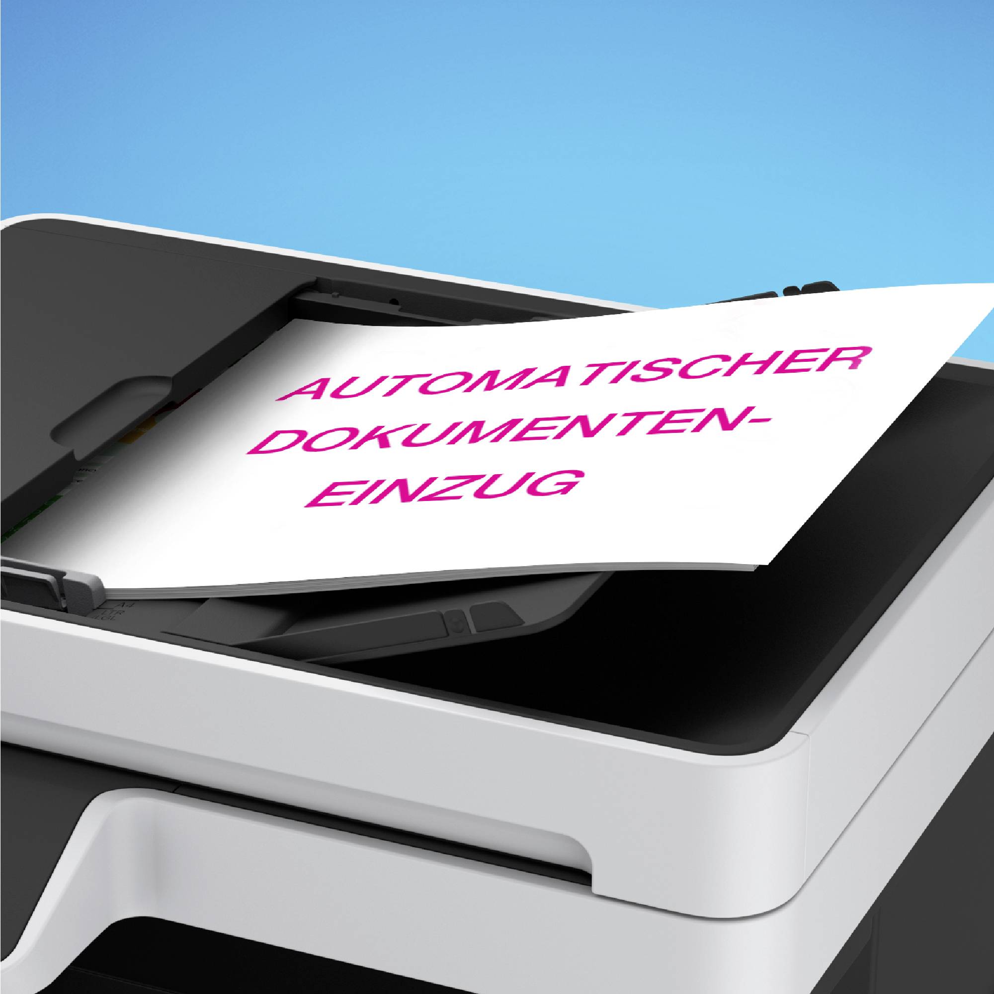 Ein Drucker mit Blatt im automatischen Dokumenteneinzug, es zeigt den Text 'Automatischer Dokumenteneinzug'.