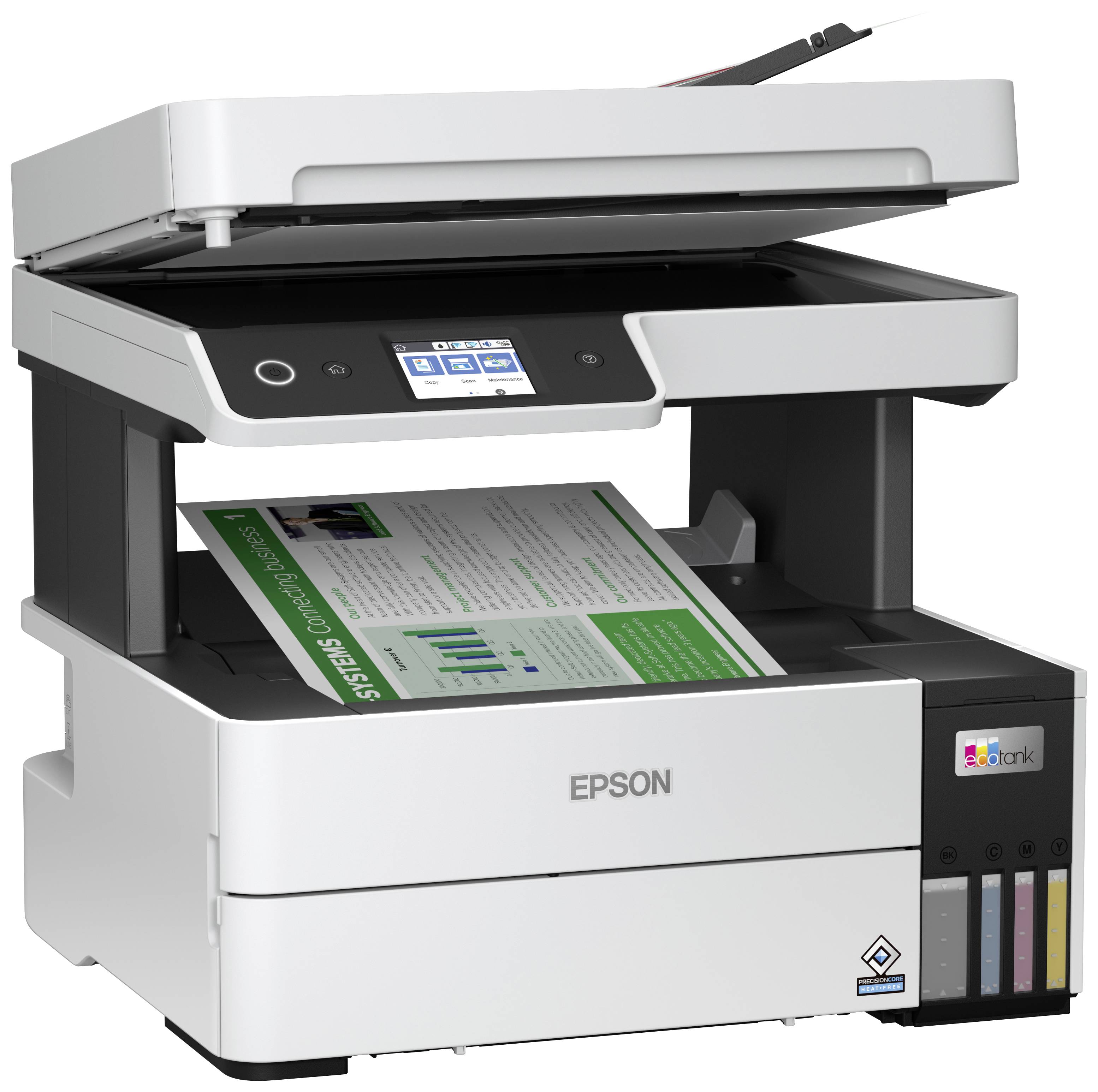 Ein Multifunktionsdrucker mit Scanner, der ein Dokumenteinscannt. Das Display zeigt Druckeroptionen an.