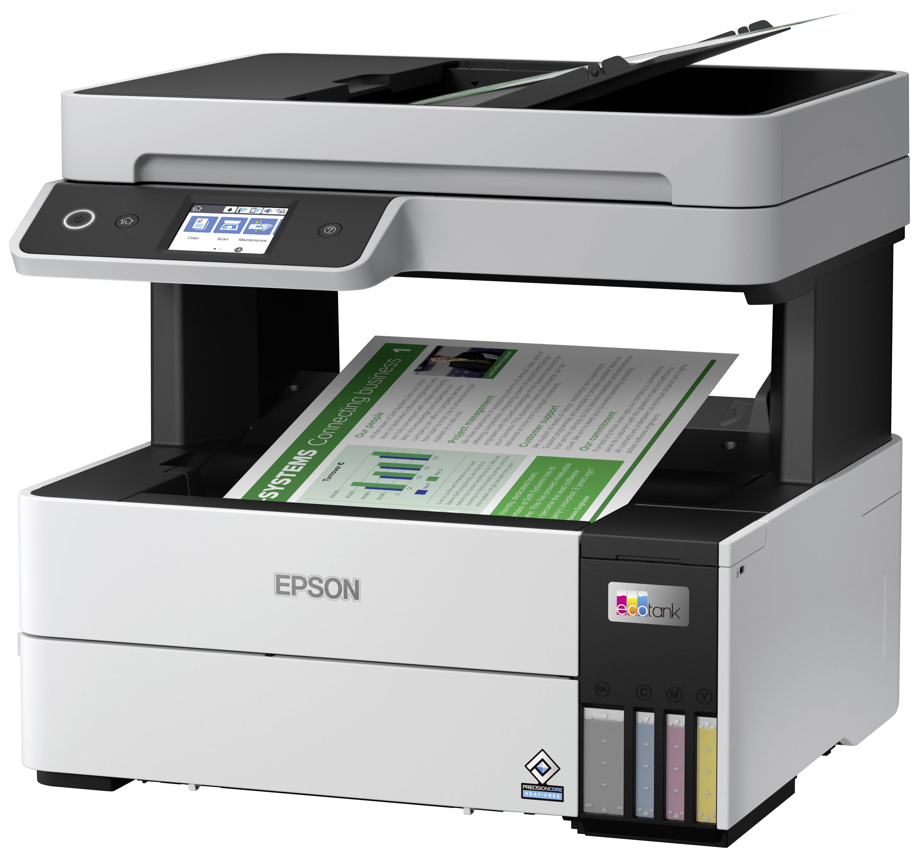 Multifunktionsdrucker druckt ein Dokument mit Diagrammen und Text. Er hat ein LCD-Bedienfeld und Tintentanks an der Vorderseite.