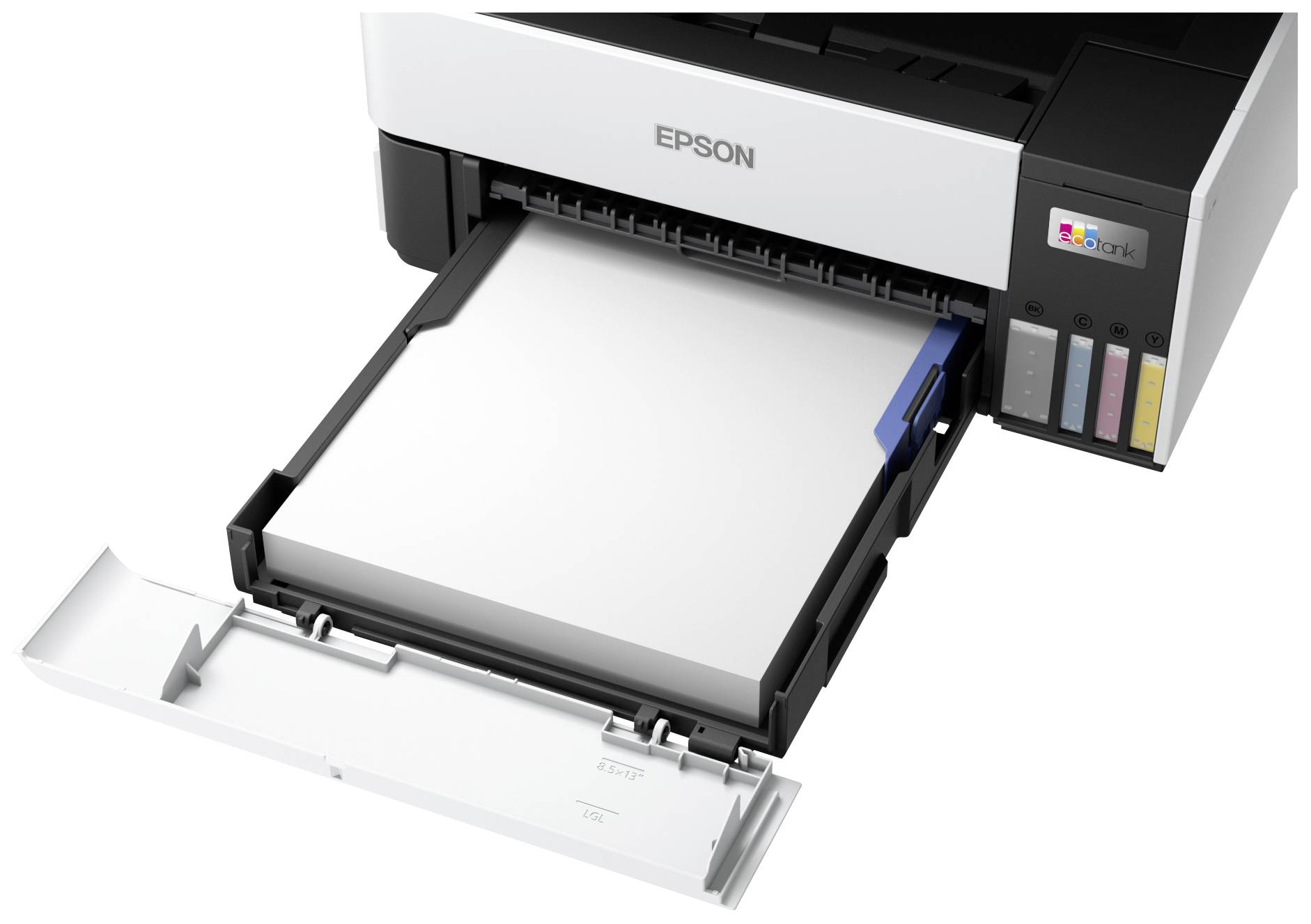 Ein Epson-Drucker mit geöffneter Papierkassette, zeigt Farbtintentanks auf der rechten Seite, bereit zum Drucken.