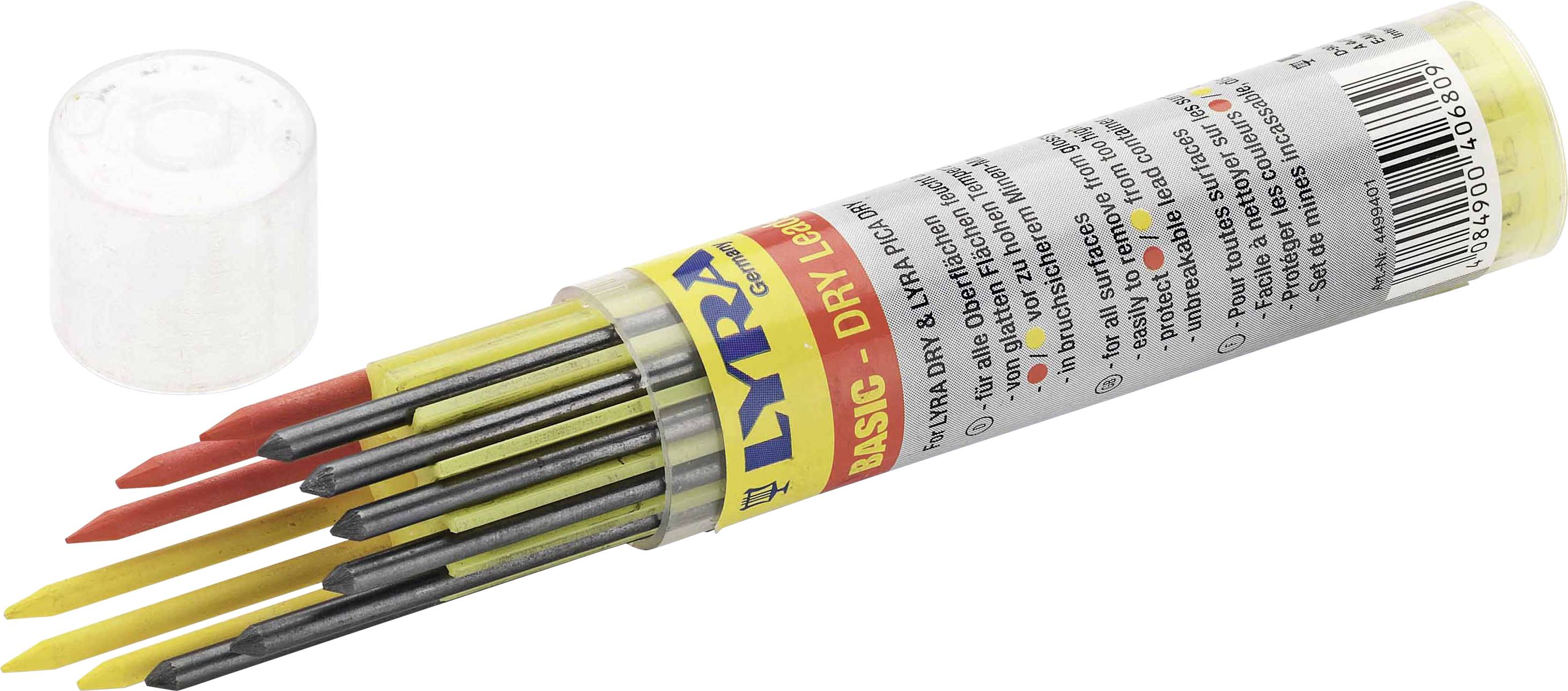 Mehrfarbige Ersatzminen und Ronden-Box 'LYRA' für Zimmermannsstifte, darunter rote, gelbe und schwarze Minen.